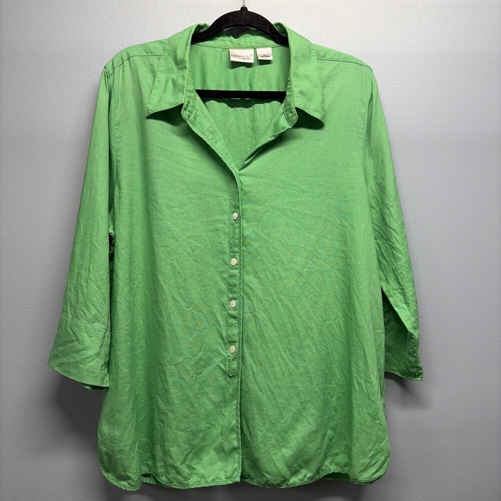 Kim Rodger’s Signature - Sz XL - Green Button Front 3/4 Sleeve Blouse 100% Linen